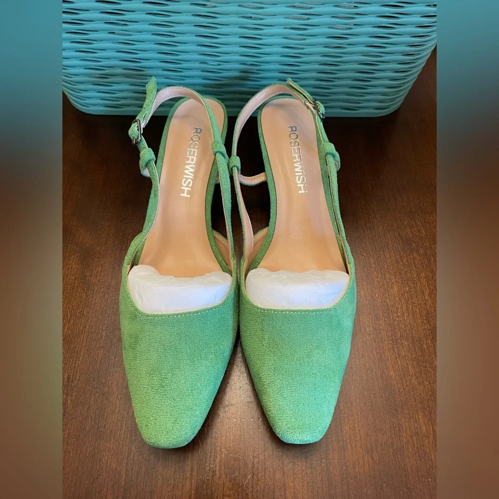 NWOT ROSERWISH Cute Square Toe Slingback Suede Kitten Low Heel, Green - SZ 9 - Picture 4 of 7
